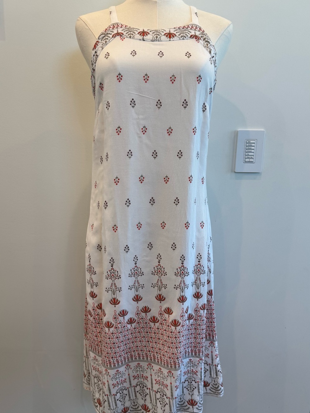 Lapogee White Midi Dress with Red/Rust & Black Detail Resortwear Boho size M